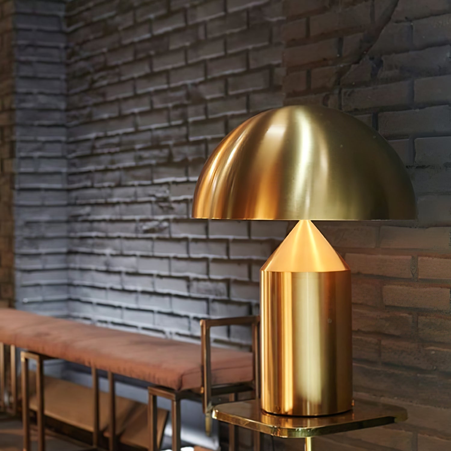 Sculptural metal table lamp on a sideboard in a room