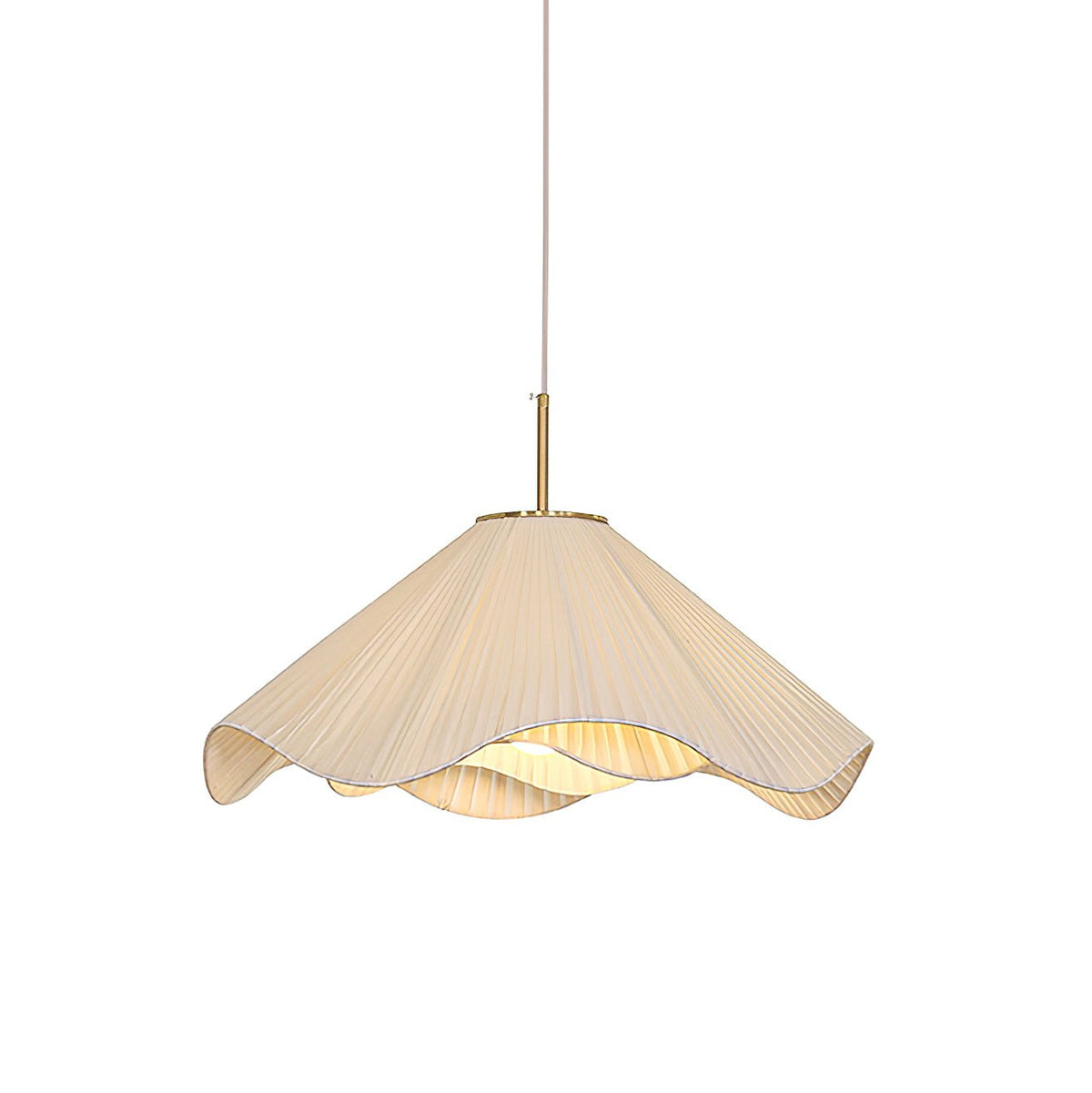 Studio side view of this beige Clérachic pendant light, its scalloped fabric edges shown in full profile.