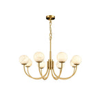 Clérachic full fixture on white, showing the brass ceiling canopy, chain drop and unlit alabaster globes