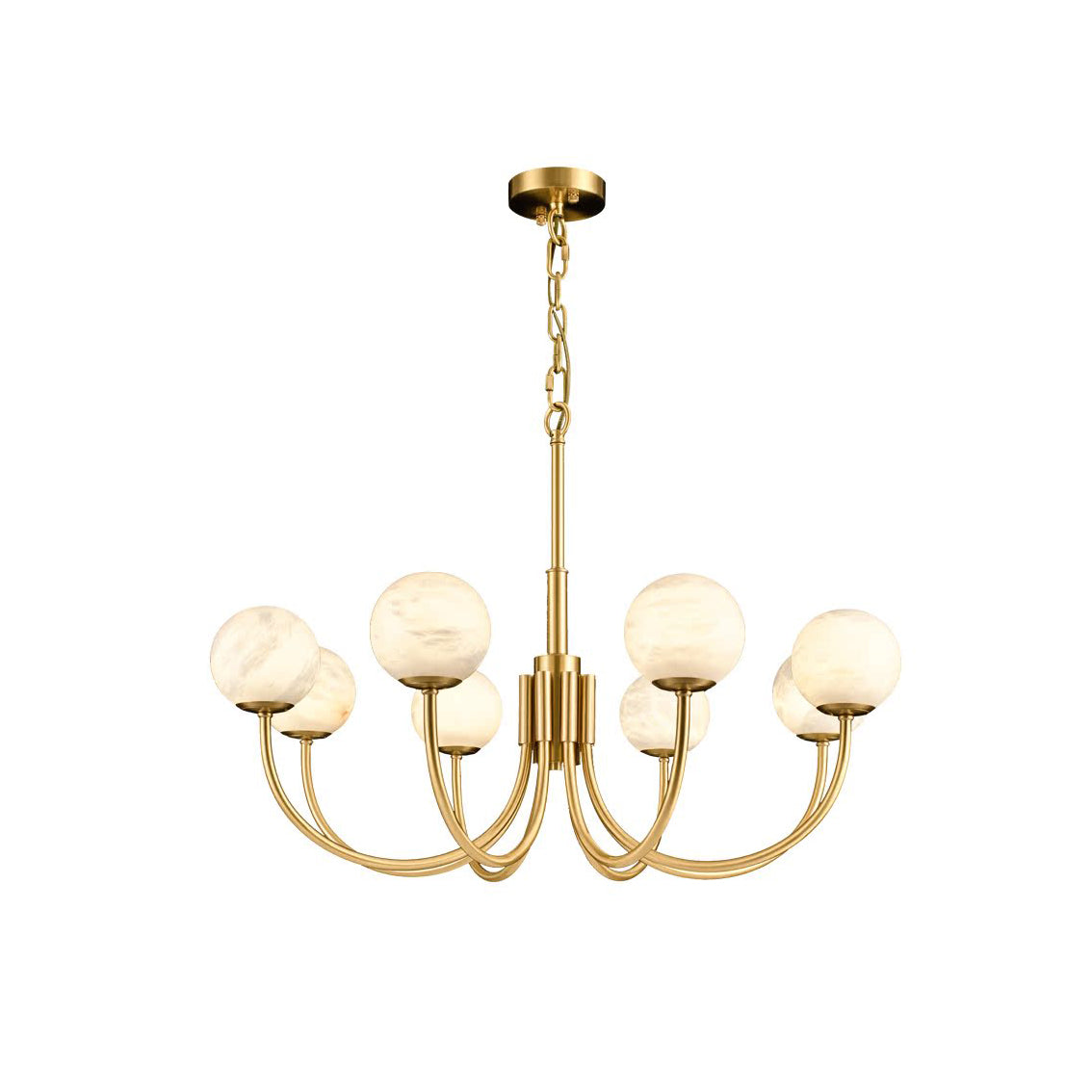 Clérachic full fixture on white, showing the brass ceiling canopy, chain drop and unlit alabaster globes