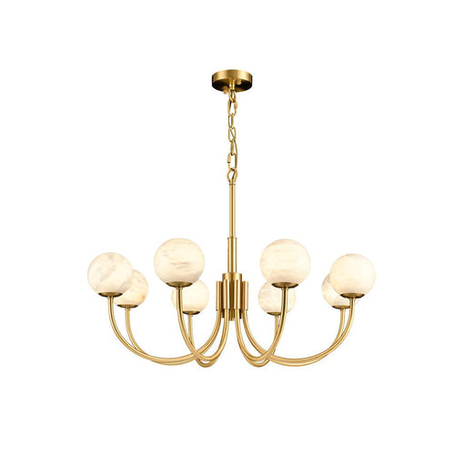 Clérachic full fixture on white, showing the brass ceiling canopy, chain drop and unlit alabaster globes