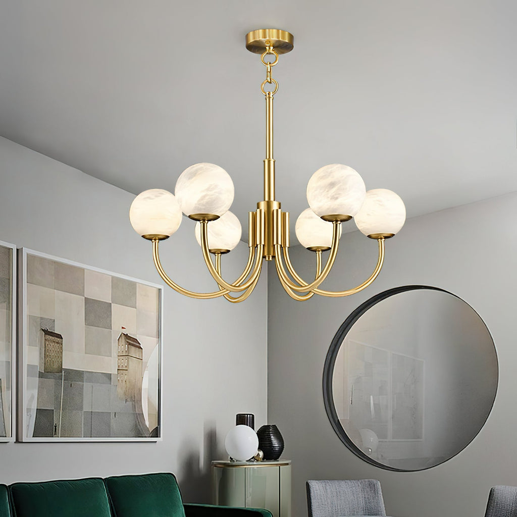 Clérachic seen from below in a green-sofa living room, brass canopy and long stem in full view