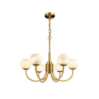 The Clérachic complete fixture on white from a distance, canopy, chain and unlit stone globes in frame