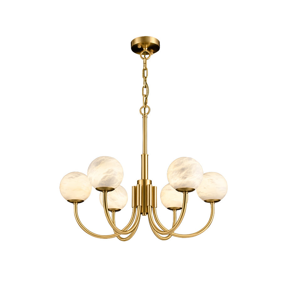 The Clérachic complete fixture on white from a distance, canopy, chain and unlit stone globes in frame