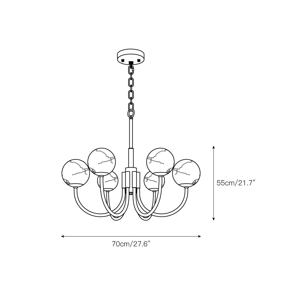 Clérachic dimension drawing for the alabaster globe chandelier showing 70 cm / 27.6 in width and 55 cm / 21.7 in height
