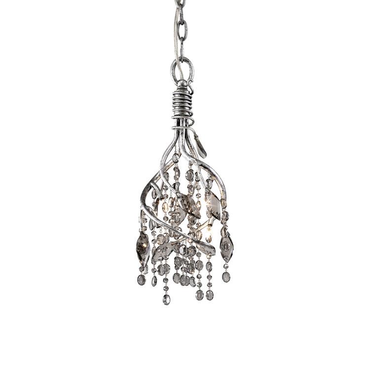 The same small pendant in silver, with smoke-grey beads inside the twisted metal cage.