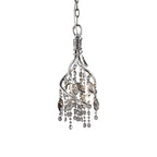 The same small pendant in silver, with smoke-grey beads inside the twisted metal cage.