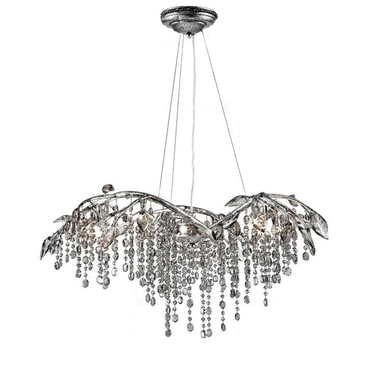 The wide chandelier in silver, grey bead strands hanging beneath outstretched metal branches.