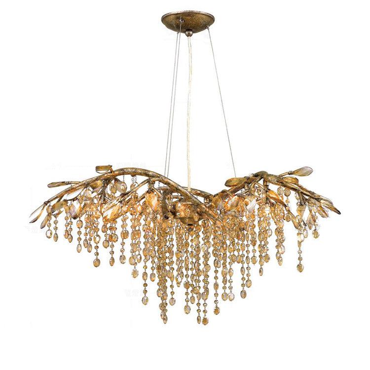 Wide branch chandelier in gold, amber bead strands falling from a horizontal spray of stems.