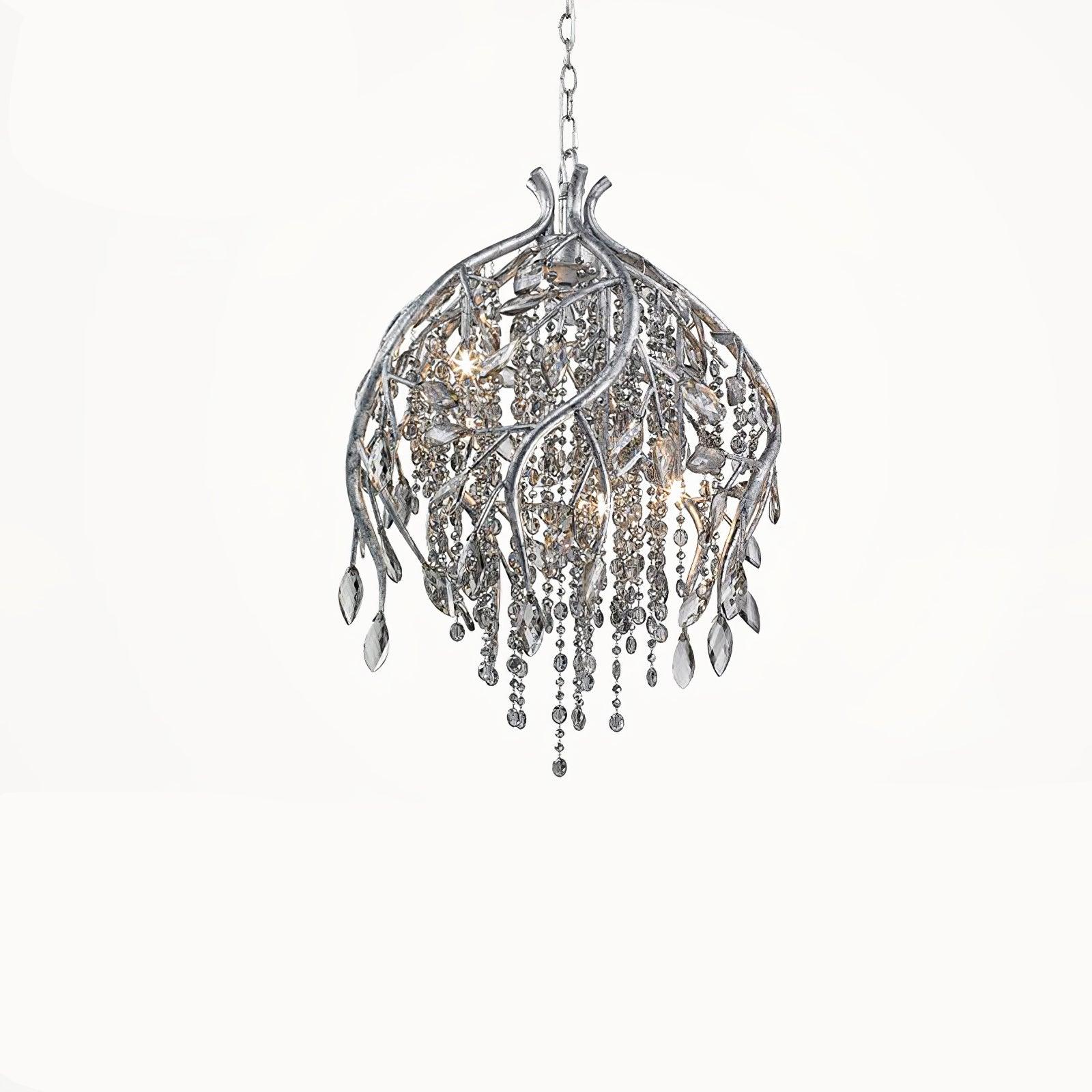 The bell-shaped silver cage on white, clear beads spilling below the twisted stems.