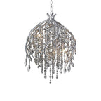 The bell-shaped cage in silver, its stems and clear beads catching light against white.
