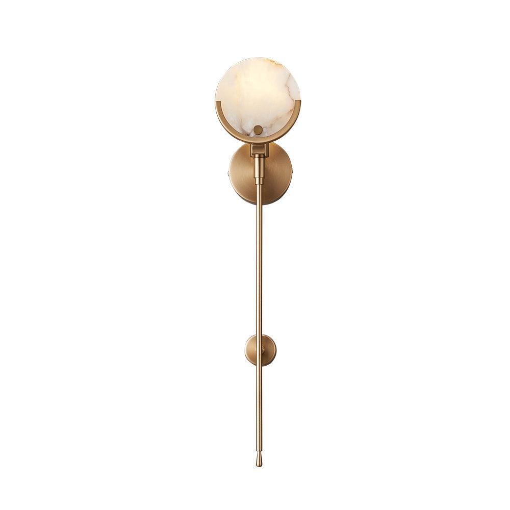Clérachic tall Zavarara sconce on white, the natural veining of the alabaster shade clearly visible unlit.