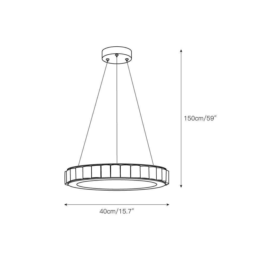 Dimension drawing of the alabaster chandelier at 40 cm / 15.7 in wide with a 150 cm / 59 in drop.