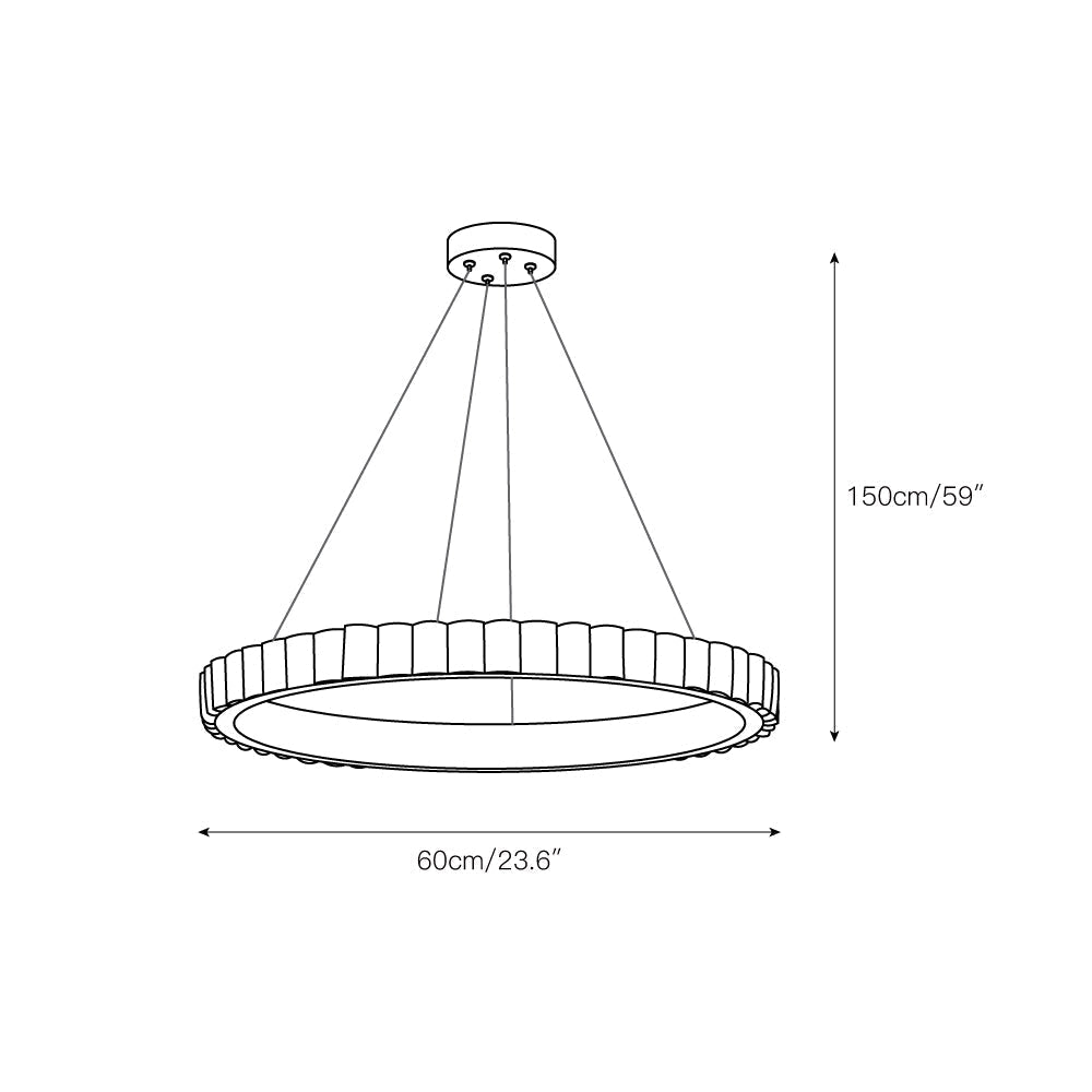 Dimension drawing of the alabaster chandelier at 60 cm / 23.6 in wide with a 150 cm / 59 in drop.