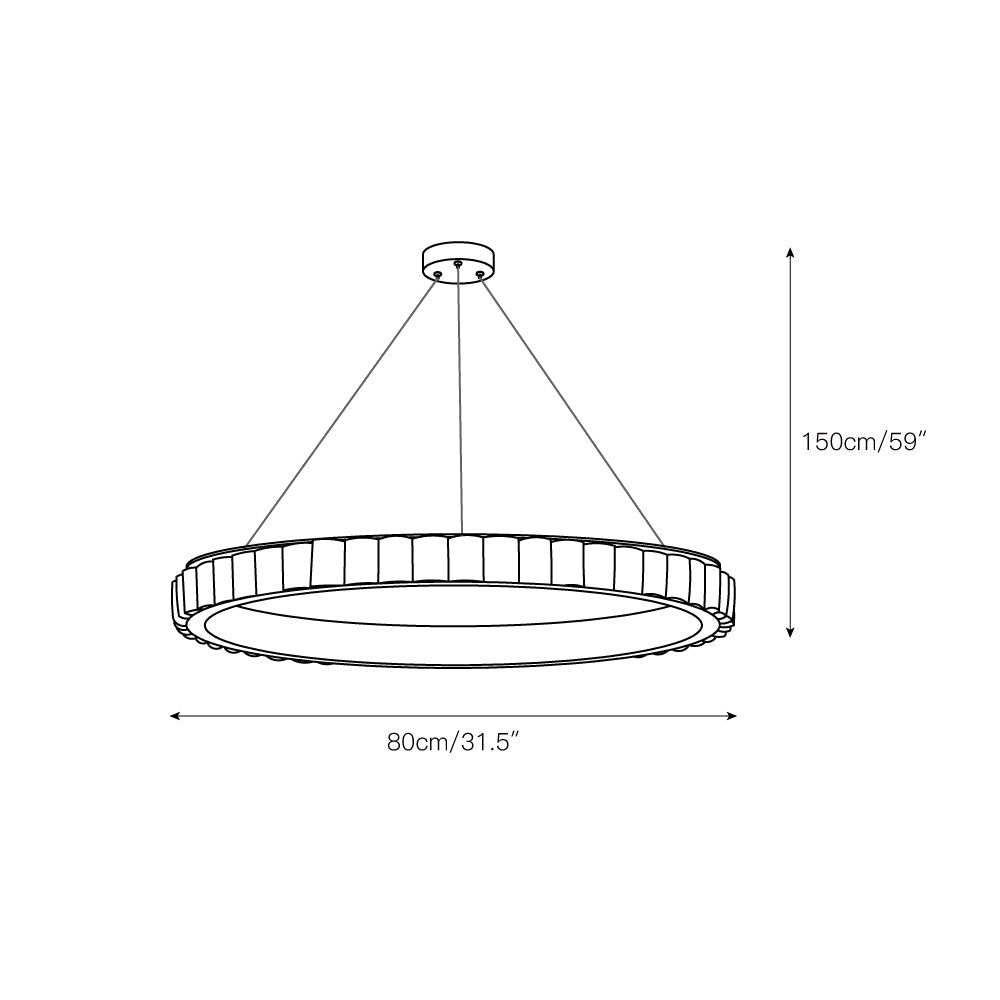 Dimension drawing of the alabaster chandelier at 80 cm / 31.5 in wide with a 150 cm / 59 in drop.
