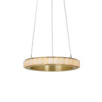 Brass alabaster chandelier photographed from above at an angle, inner ring catching the light.