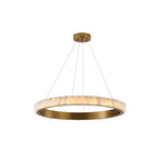 Full brass chandelier shown with its round ceiling canopy and four suspension cables in view.