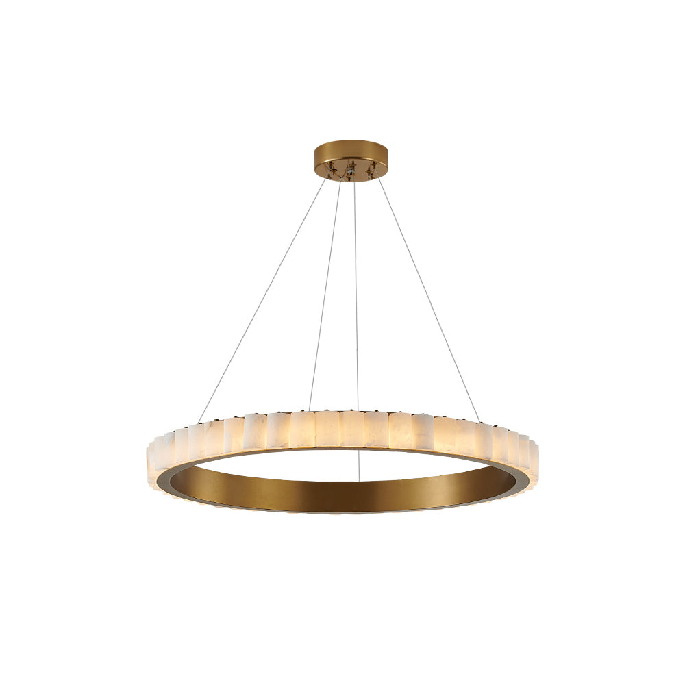 Full brass chandelier shown with its round ceiling canopy and four suspension cables in view.