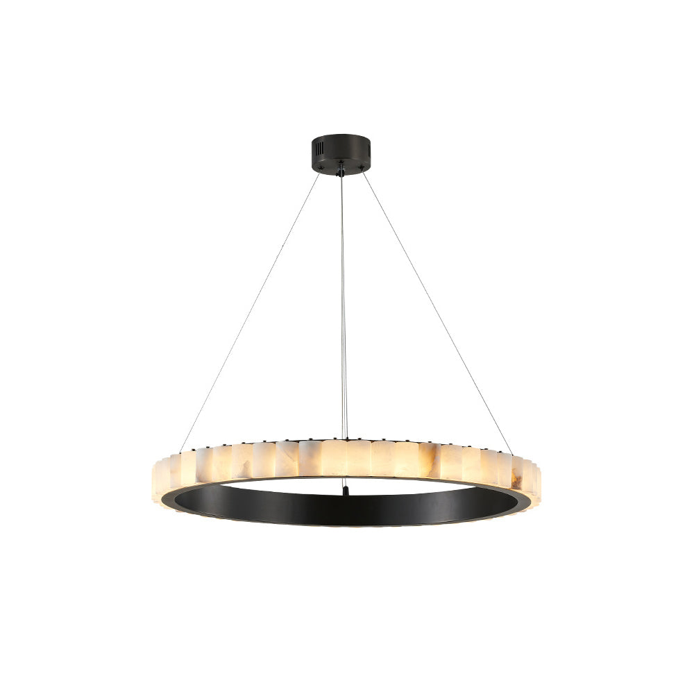 The black-finish chandelier shown complete with its black ceiling canopy and suspension cables.