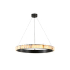 The black-finish chandelier shown complete with its black ceiling canopy and suspension cables.