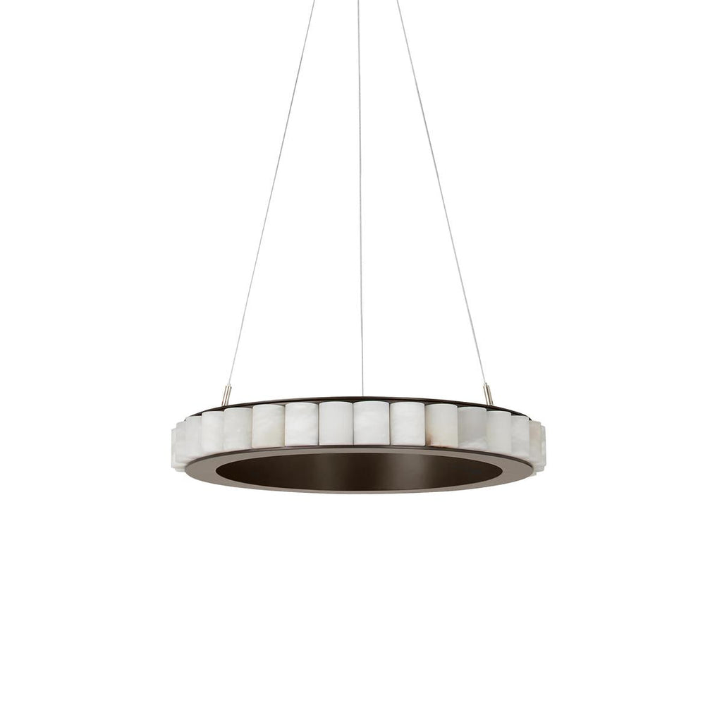 Dark bronze alabaster chandelier at rest, its cylindrical stone tiles set into a slim metal band.