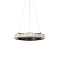 Dark bronze alabaster chandelier at rest, its cylindrical stone tiles set into a slim metal band.
