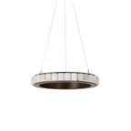 Alabaster ring chandelier in the dark bronze finish, unlit, hanging on three slim suspension cables.