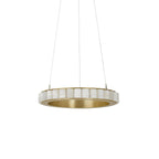 Brass alabaster chandelier hung from three cables, each stone tile softly veined and unlit.
