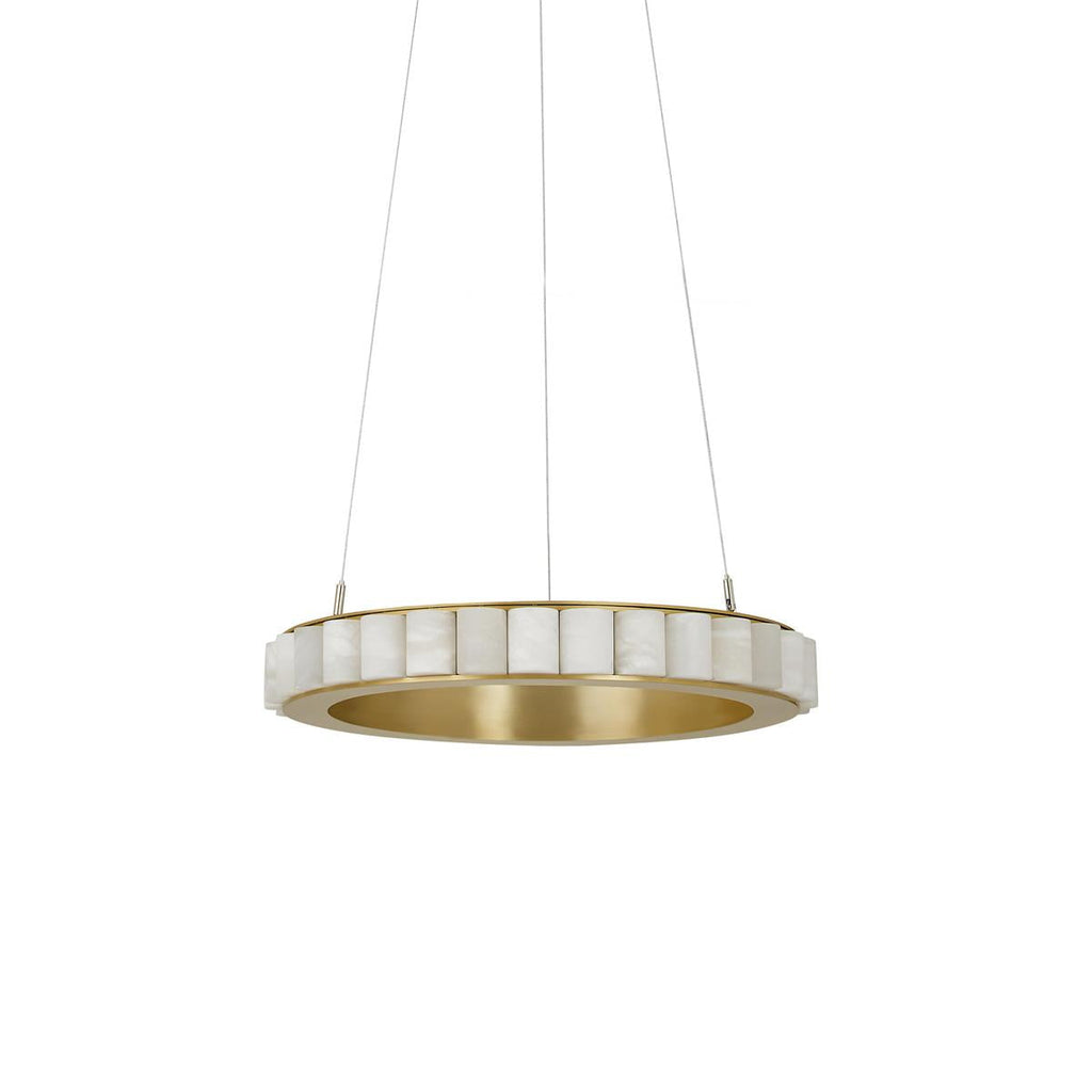 Brass-finish alabaster chandelier seen from slightly above, showing the brushed gold inner ring.
