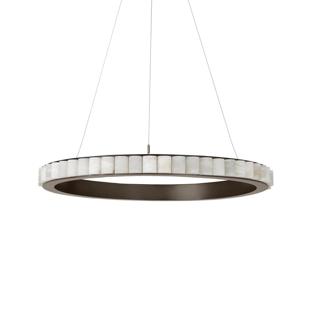 Dark bronze alabaster chandelier in the larger ring size, stone tiles ringing an open centre.