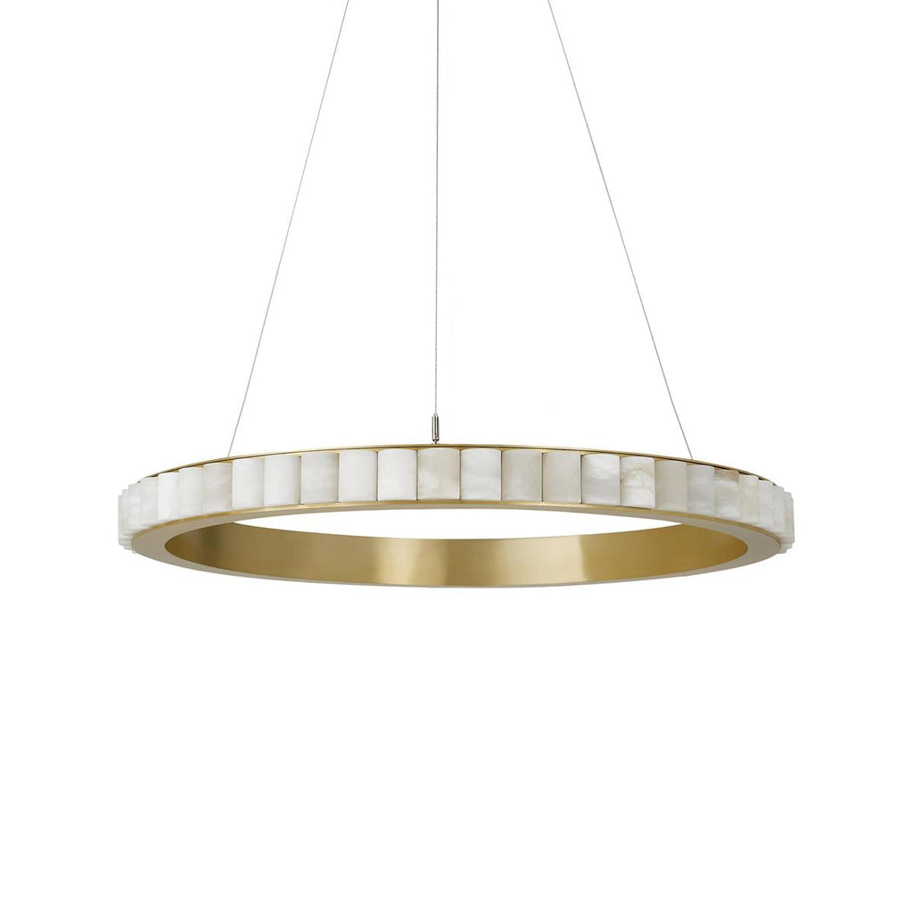 Wide brass alabaster chandelier with an open centre, unlit, showing the brushed gold inner band.