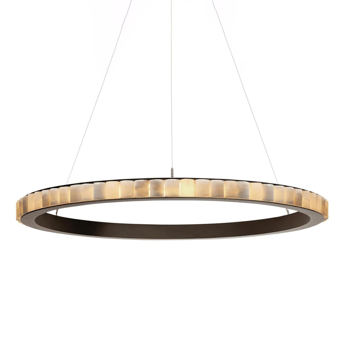 Large dark bronze alabaster chandelier lit, the stone tiles glowing warm around the full ring.