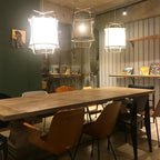 Bamboo pendant light with linen shade in a cozy interior
