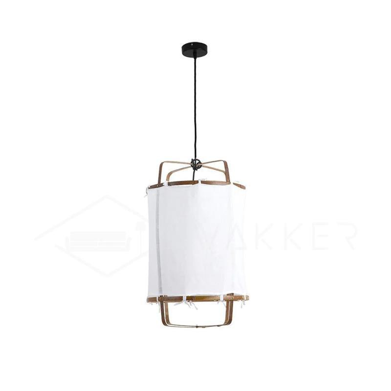 Bamboo pendant light with linen fabric shade glowing warmly