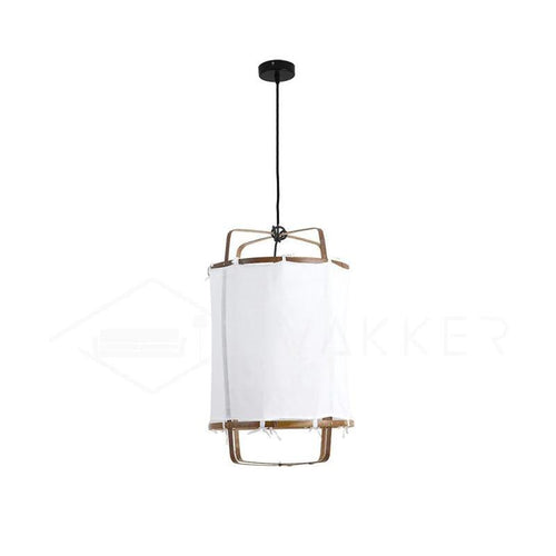 Bamboo pendant light with linen fabric shade glowing warmly