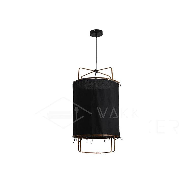 Bamboo and linen pendant light hanging in a living space