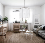 Bamboo pendant light with linen shade and warm bulb glow