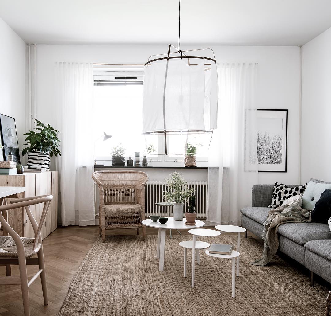 Bamboo pendant light with linen shade and warm bulb glow