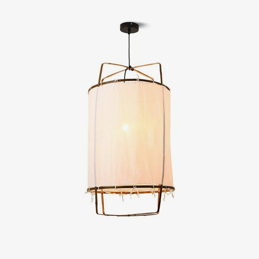 Natural bamboo pendant light suspended from an adjustable cable