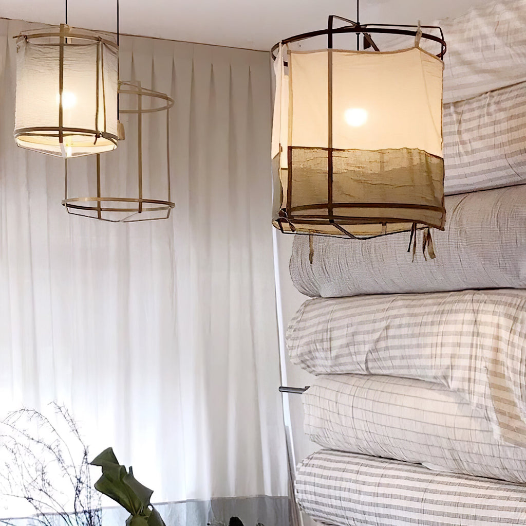 Bamboo pendant light with linen fabric shade detail