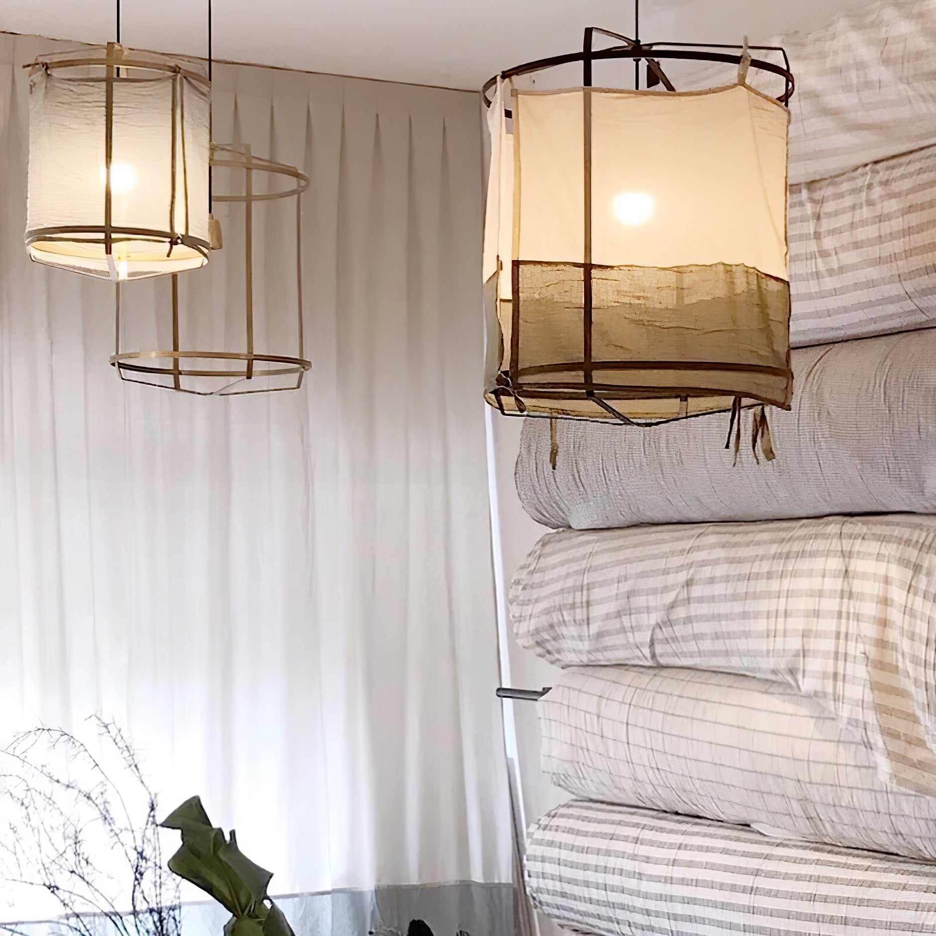 Bamboo pendant light with linen fabric shade detail