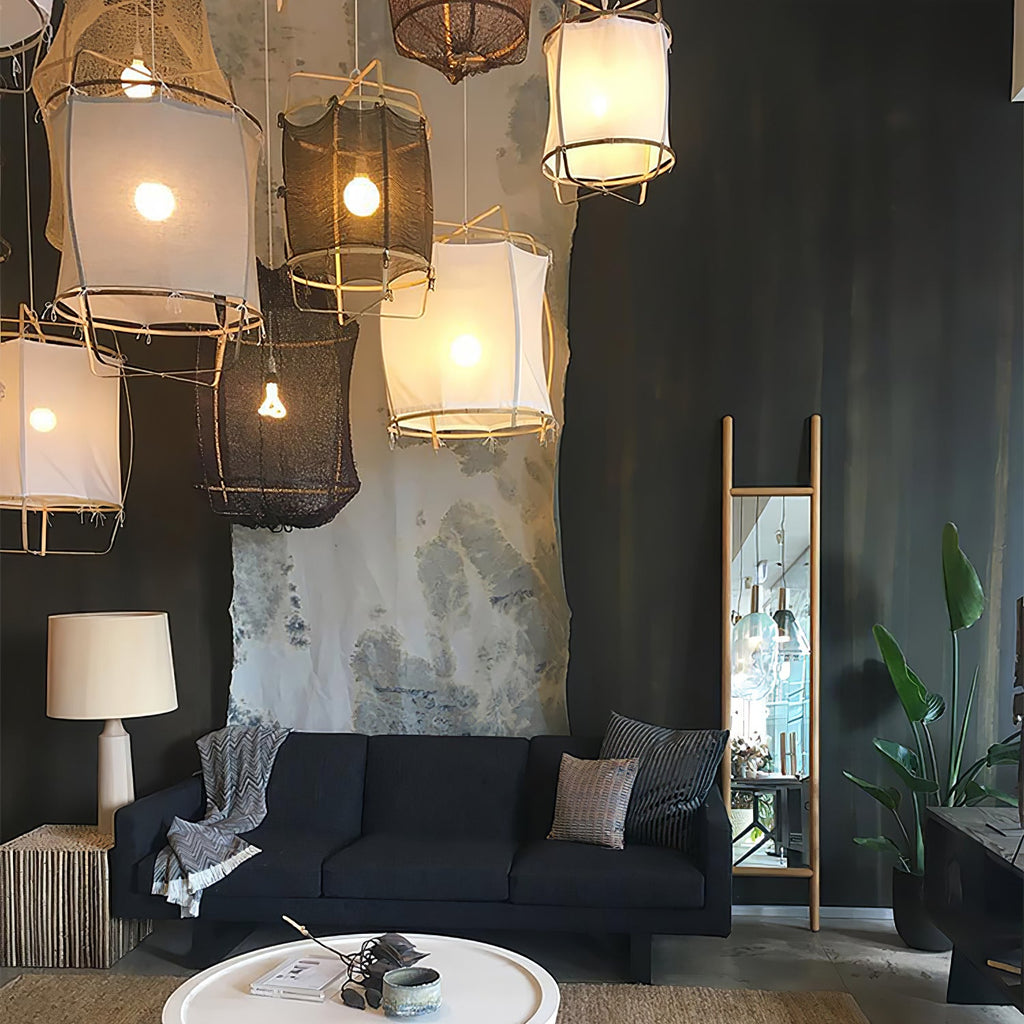 Natural bamboo pendant light with organic woven texture