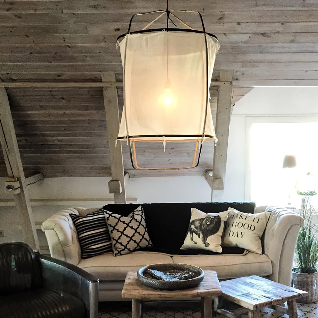 Bamboo pendant light with linen shade in a styled room
