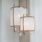 Bamboo and linen pendant light in a softly lit interior