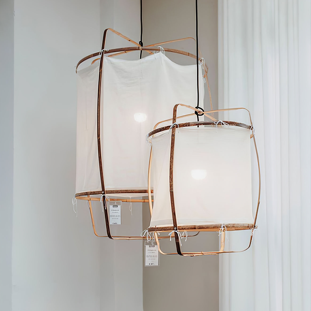 Bamboo and linen pendant light in a softly lit interior