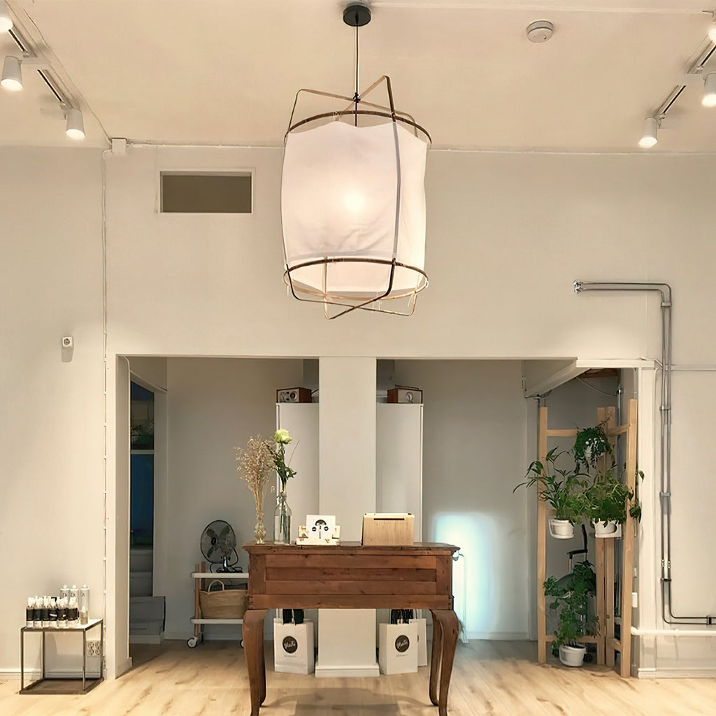 Bamboo pendant light glowing in a relaxed interior setting