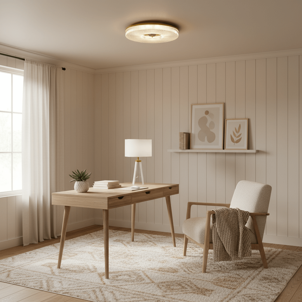 White round flush mount LED ceiling light lit evenly