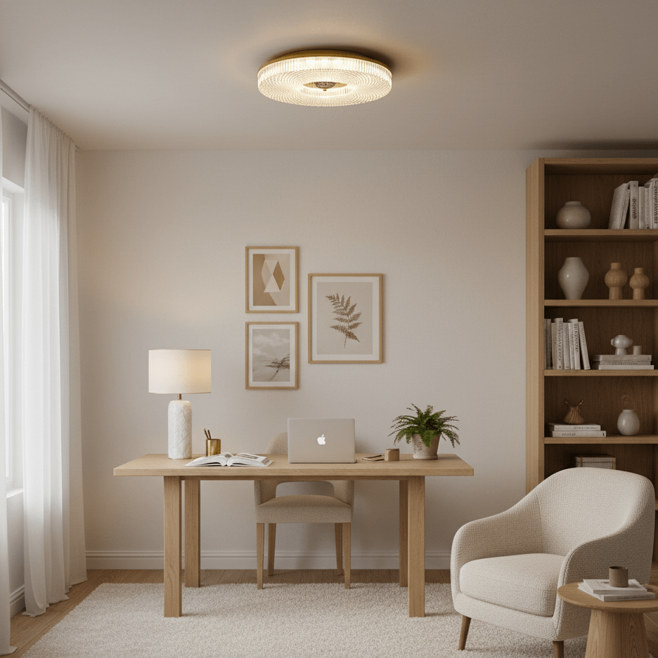 Black round flush mount LED ceiling light glowing softly
