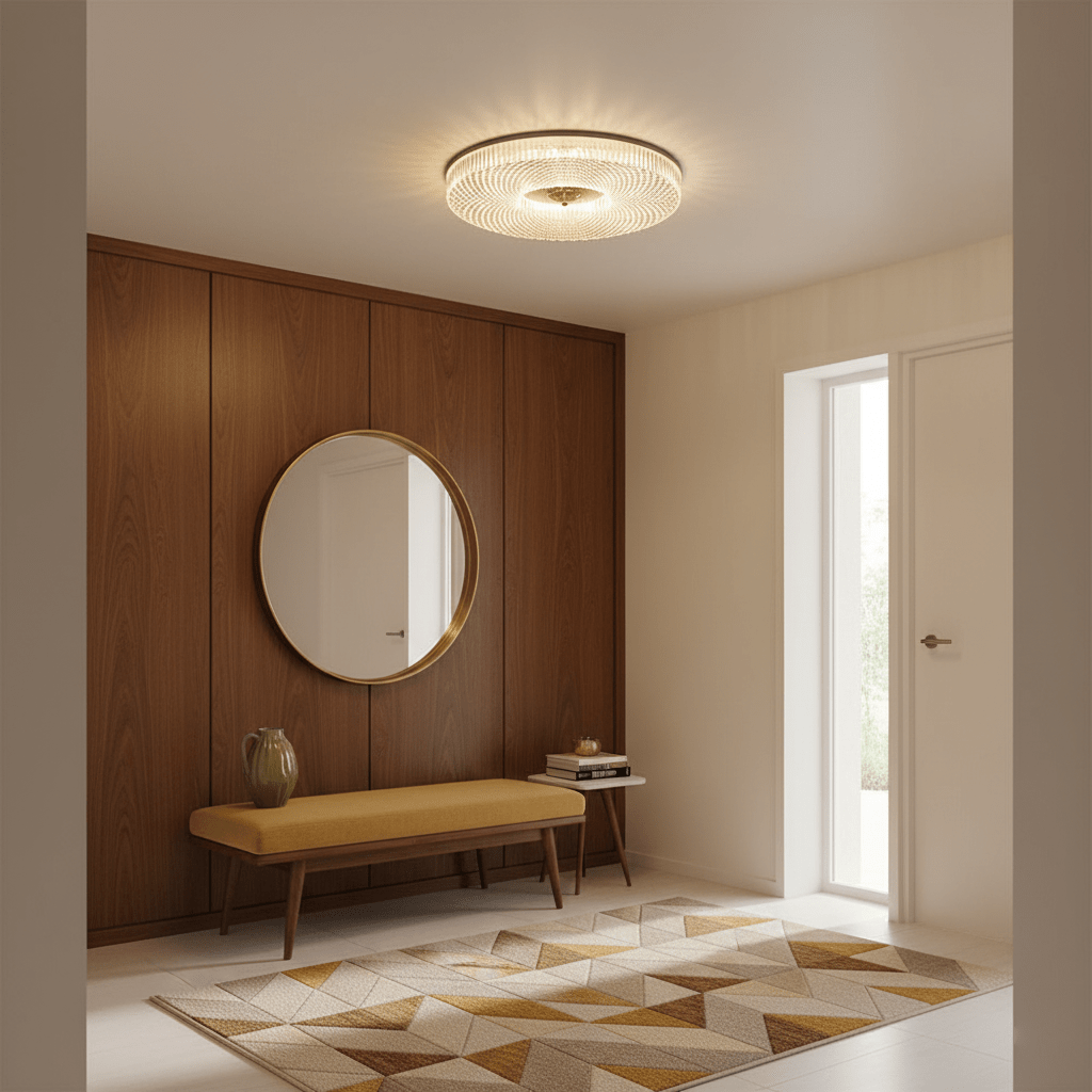 Gold round flush mount LED ceiling light glowing warm