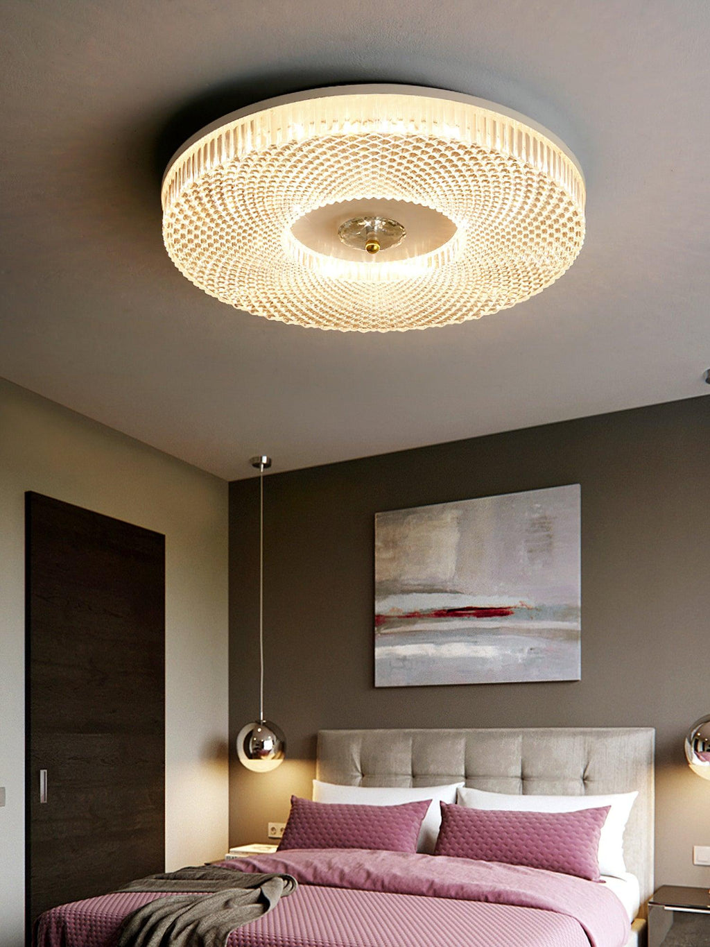 Flush mount LED ceiling light mounted on a bright ceiling